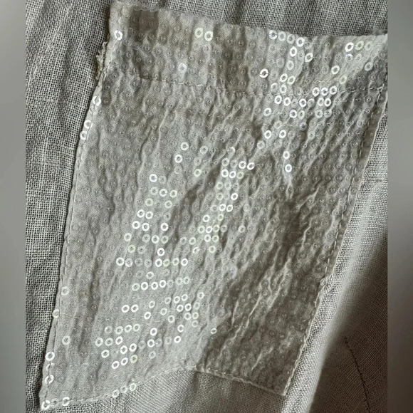 100% Linen tie waist button up blouse, sequined pocket w/ roll up sleeve - Picture 3 of 7